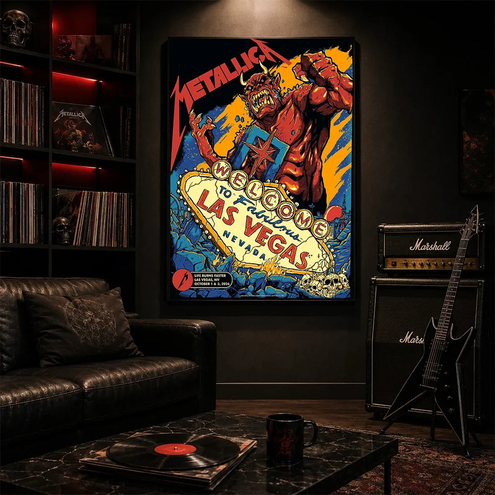 Metallica Life Burns Faster October 1 and 3 2026 Sphere Las Vegas Nevada United States poster canvas by Puis Calzada featuring a giant red demon destroying the Welcome to Fabulous Las Vegas sign amid rubble, flames and skulls.
