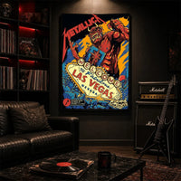 Metallica Life Burns Faster October 1 and 3 2026 Sphere Las Vegas Nevada United States poster canvas by Puis Calzada featuring a giant red demon destroying the Welcome to Fabulous Las Vegas sign amid rubble, flames and skulls.