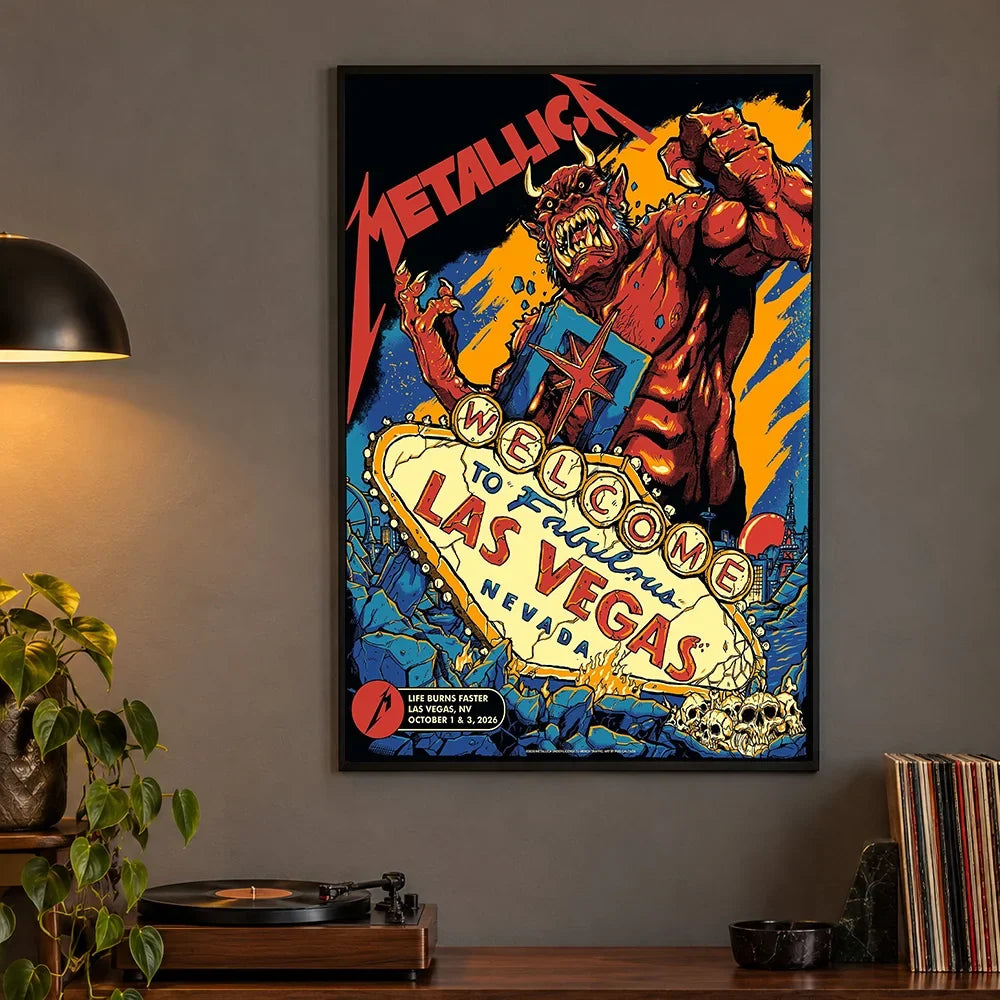 Metallica Life Burns Faster October 1 and 3 2026 Sphere Las Vegas Nevada United States poster canvas by Puis Calzada featuring a giant red demon destroying the Welcome to Fabulous Las Vegas sign amid rubble, flames and skulls.