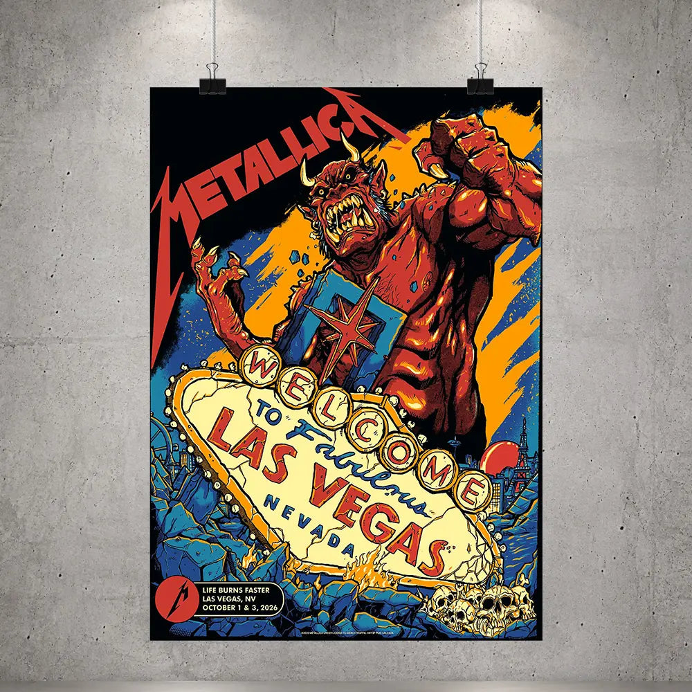 Metallica Life Burns Faster October 1 and 3 2026 Sphere Las Vegas Nevada United States poster canvas by Puis Calzada featuring a giant red demon destroying the Welcome to Fabulous Las Vegas sign amid rubble, flames and skulls.