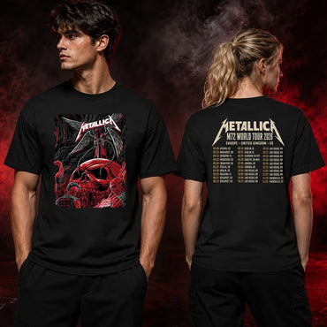 Metallica M72 World Tour October 3 2026 Sphere Las Vegas United States 2 side T-shirt featuring a giant crimson skull, skeletal winged reaper with sword and chains, concert crowd and M72 tour-style back print.
