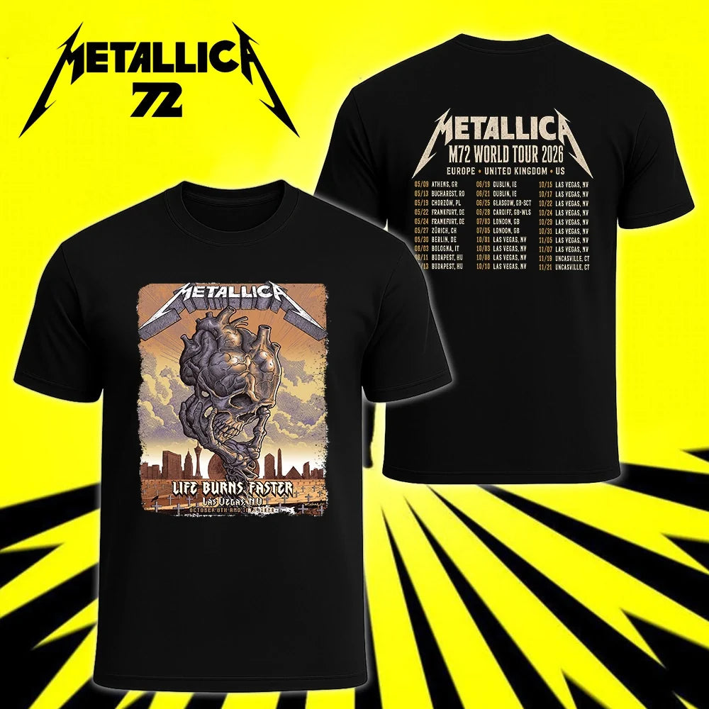 Metallica M72 World Tour Life Burns Faster October 8 and 10 2026 Sphere Las Vegas United States 2 Side T-Shirt featuring Skull Tornado artwork above a desert graveyard with Las Vegas skyline and M72 World Tour back graphic.