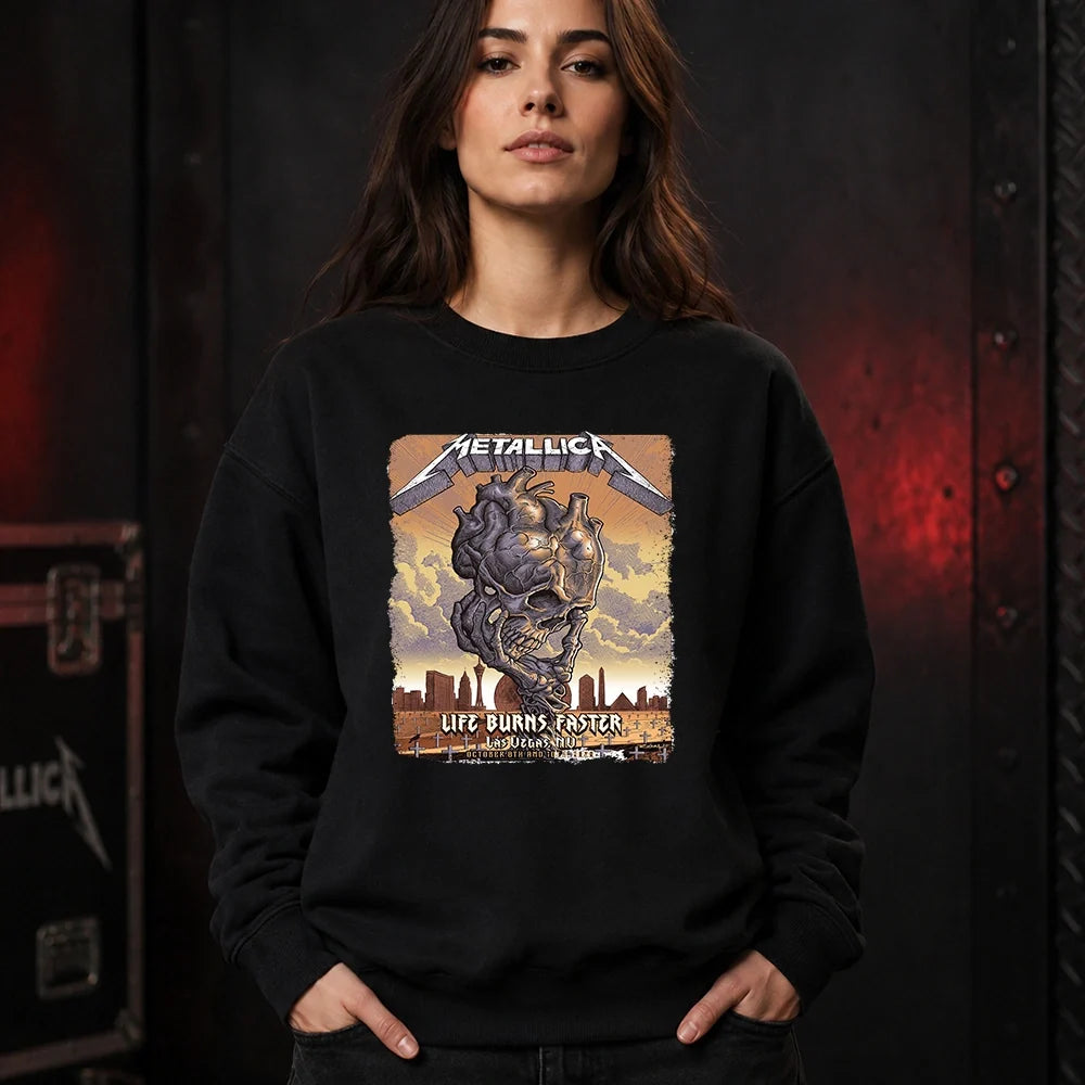 Metallica M72 World Tour Life Burns Faster October 8 and 10 2026 Sphere Las Vegas United States T-shirt featuring a giant Skull Tornado above a desert graveyard with Las Vegas skyline artwork.