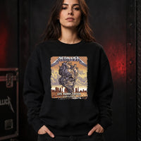 Metallica M72 World Tour Life Burns Faster October 8 and 10 2026 Sphere Las Vegas United States T-shirt featuring a giant Skull Tornado above a desert graveyard with Las Vegas skyline artwork.