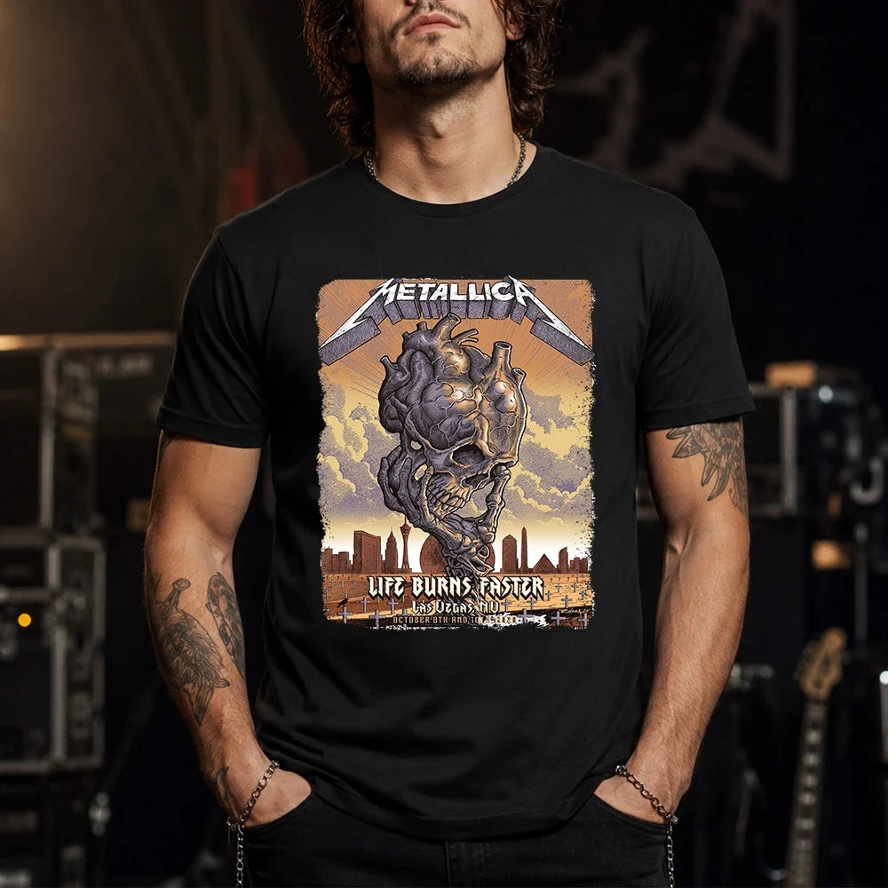 Metallica M72 World Tour Life Burns Faster October 8 and 10 2026 Sphere Las Vegas United States T-shirt featuring a giant Skull Tornado above a desert graveyard with Las Vegas skyline artwork.