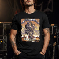 Metallica M72 World Tour Life Burns Faster October 8 and 10 2026 Sphere Las Vegas United States T-shirt featuring a giant Skull Tornado above a desert graveyard with Las Vegas skyline artwork.