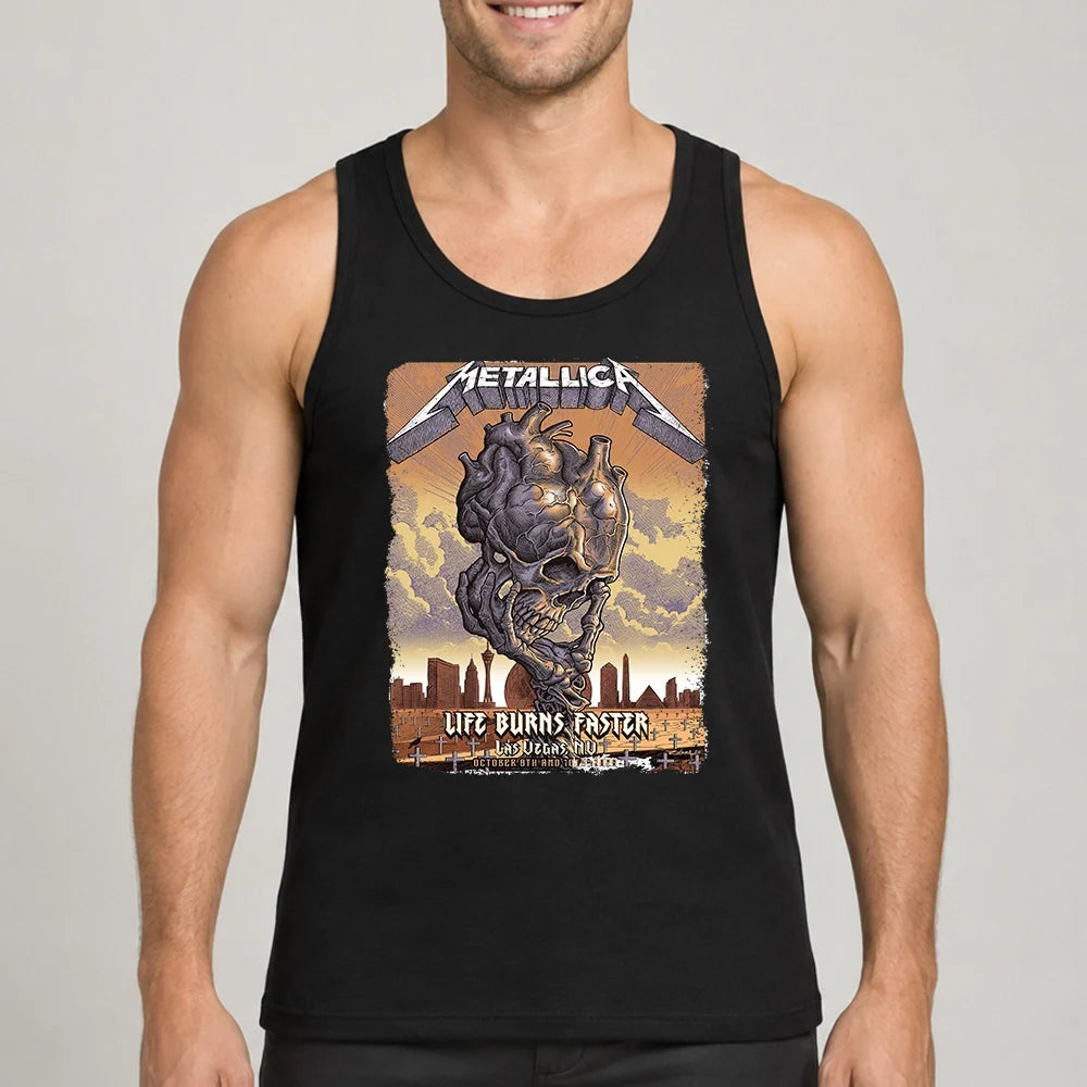 Metallica M72 World Tour Life Burns Faster October 8 and 10 2026 Sphere Las Vegas United States T-shirt featuring a giant Skull Tornado above a desert graveyard with Las Vegas skyline artwork.