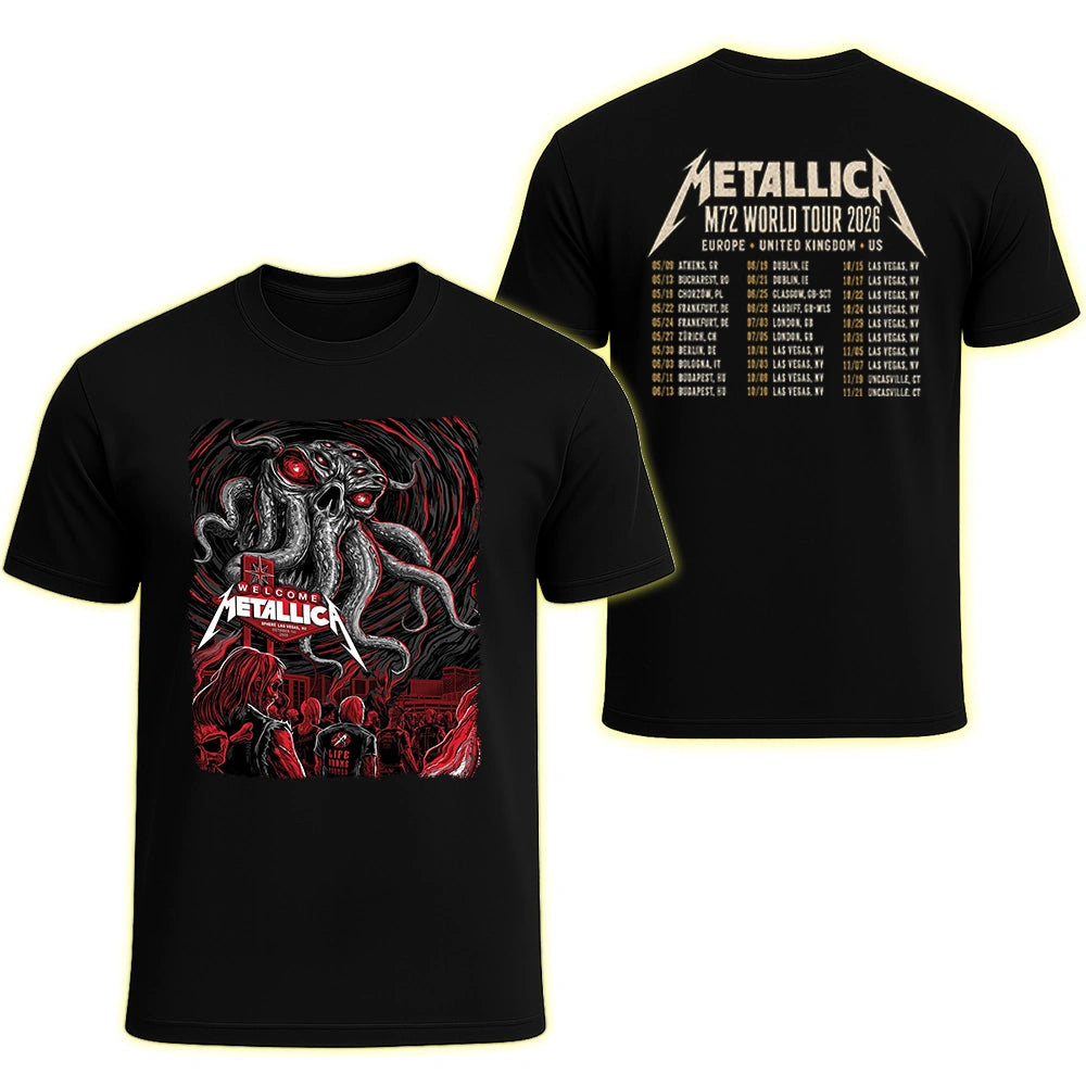Front and back view of a Metallica Sphere Las Vegas October 1 2026 2 Side T-Shirt featuring Welcome Tentacle Skull artwork on the front and an M72 World Tour 2026 date list on the back.