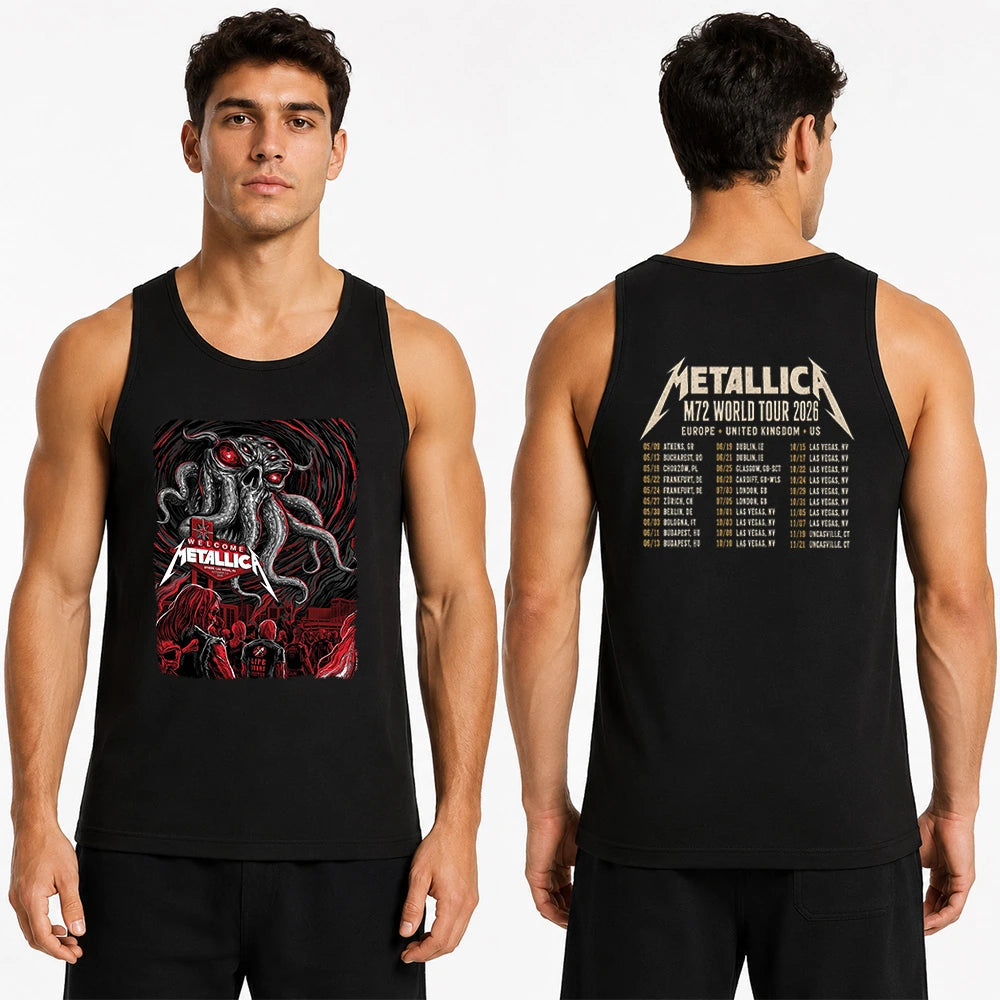 Front and back view of a Metallica Sphere Las Vegas October 1 2026 2 Side T-Shirt featuring Welcome Tentacle Skull artwork on the front and an M72 World Tour 2026 date list on the back.